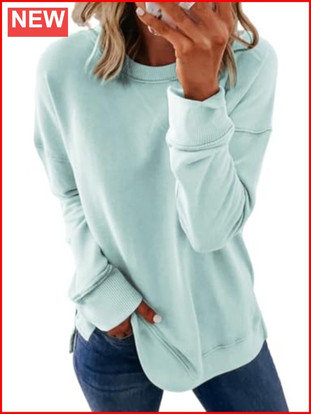 Crew Neck Sweatshirt Loose Long Sleeve Pullover Top Side Splits